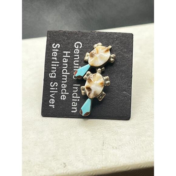 Zuni Indian Sterling Silver Turquoise Coral Turtle Post Earrings Handmade New - Picture 5 of 7